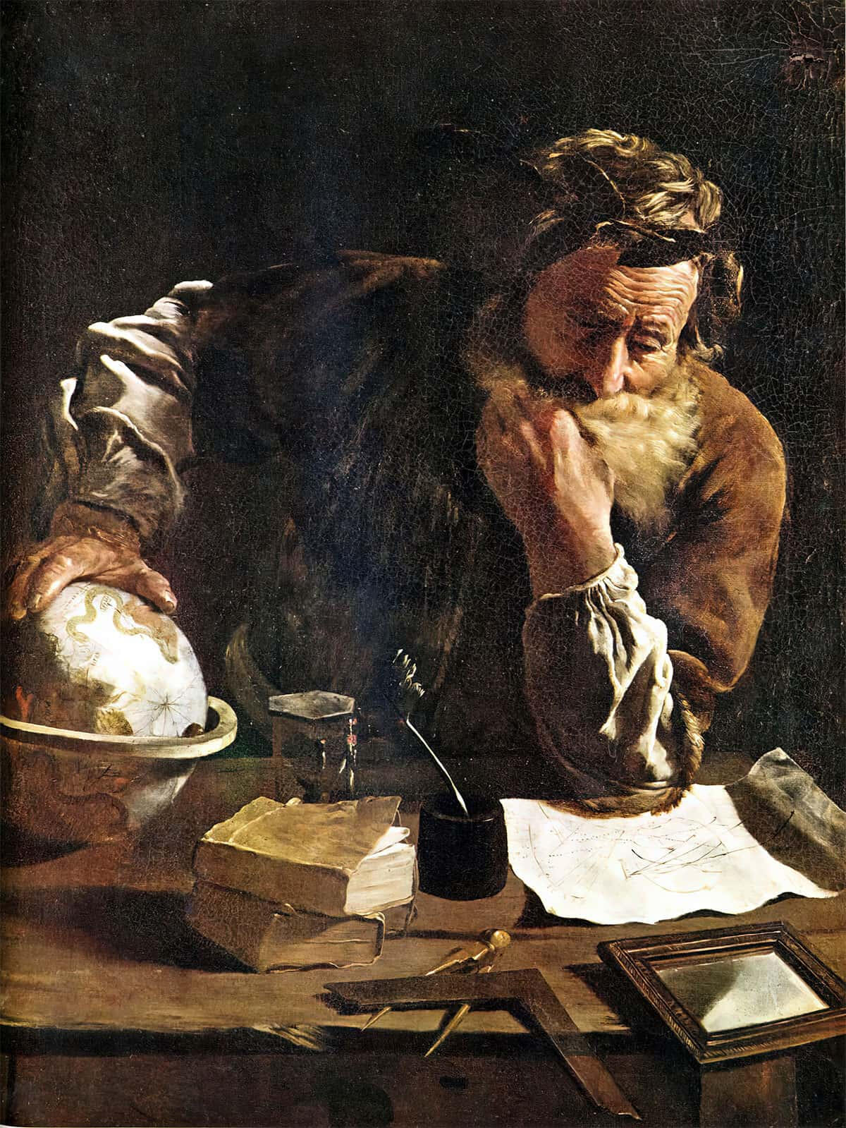 Classical portrait traditionally associated with Archimedes surrounded by scientific instruments and geometric drawings.