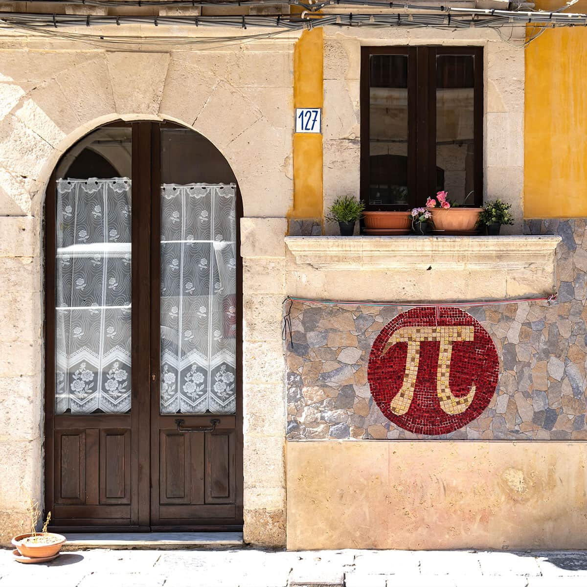 Pi mosaic dedicated to Archimedes in Ortigia, the historic center of Syracuse, Sicily.