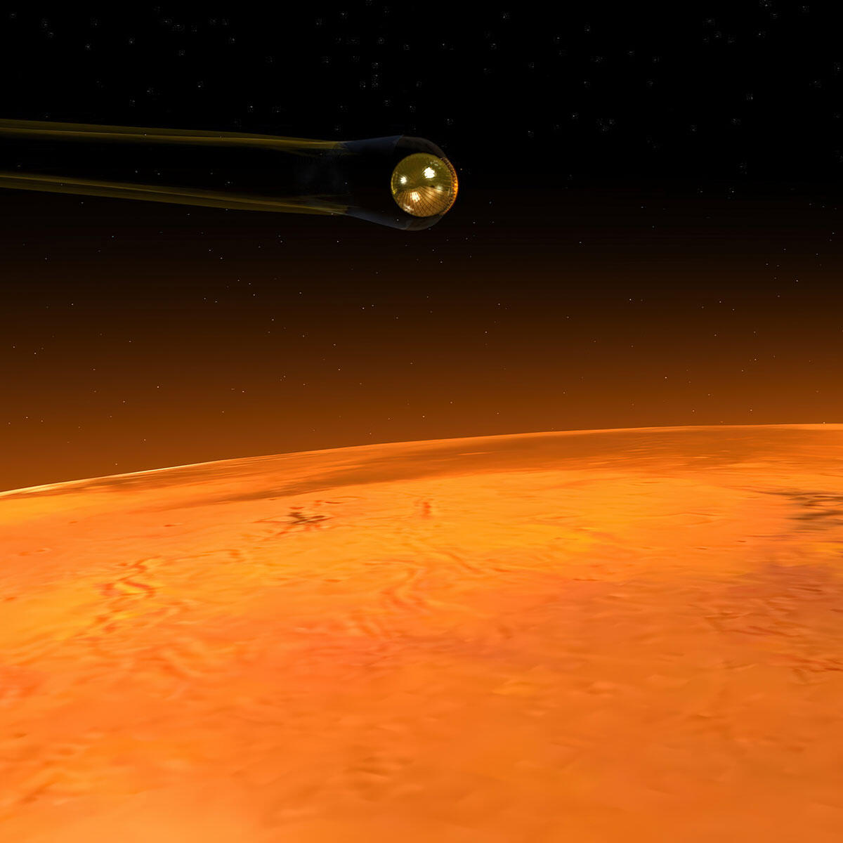 Concept illustration of a futuristic spacecraft above Mars, inspired by scientific discovery and exploration.